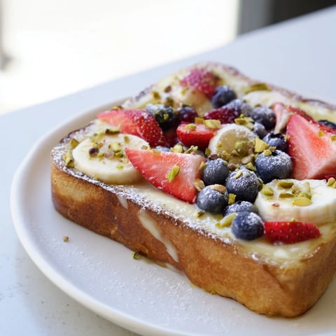 Golden-brown viral yogurt toast with a creamy yogurt filling and fresh, vibrant berries.