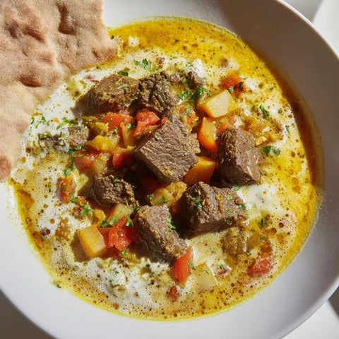 A steaming bowl of Yemeni Saltah stew: tender meat and vegetables, topped with fluffy fenugreek.