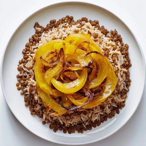 Lebanese Mjadra with caramelized onions: a warm bowl of spiced lentils and rice, ready to eat.