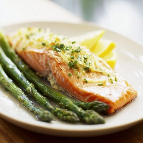 A close-up of perfectly cooked skillet lemon-butter salmon, garnished with fresh parsley and lemon.