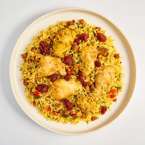 Golden, fragrant Saffron Chicken and Rice Pilaf, a comforting one-pot meal garnished with fresh herbs.