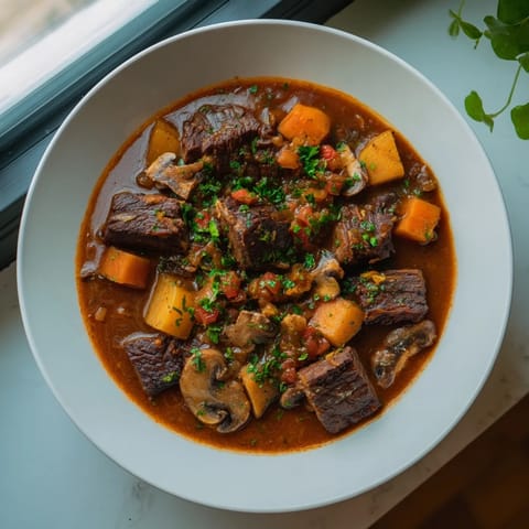 This photo shows a close-up of the flavorful earthy beef stew with fresh herbs.
