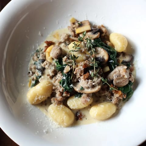 A close-up of savory Woodsy Skillet Sausage and Mushroom Gnocchi, bubbling in a skillet, ready to serve.
