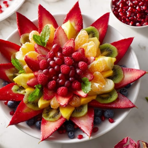 This colorful Festive Poinsettia Fruit Bowl creation displays a refreshing mix of fruit dressed in citrus.