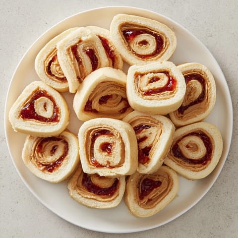 Close-up shot of colorful Simple Sandwich PB&J pinwheel rolls, showcasing the swirl of peanut butter and jelly.
