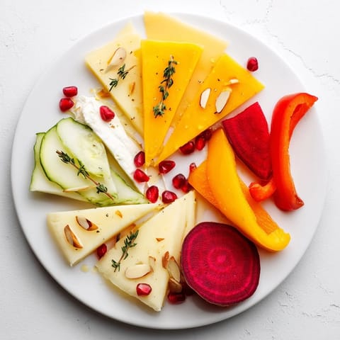 Vibrant The Tessellation Triangle grazing board showcases colorful triangular cheeses, fruits, and crackers for any gathering.