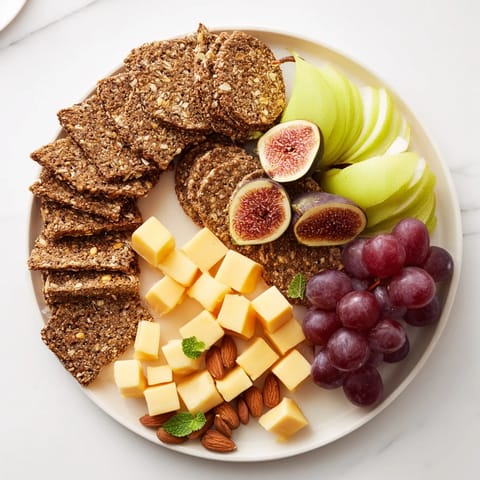 The Harvest Scythe bread and fruit platter, showcasing sliced breads and vibrant, juicy fruits, looks delicious.