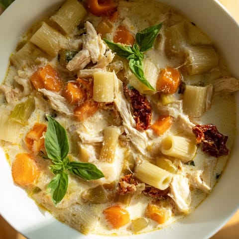 A steaming bowl of comforting Marry Me Chicken Soup: rich broth with pasta, perfect for chilly evenings.