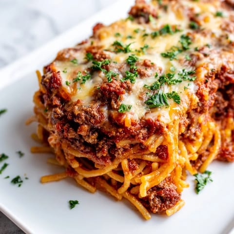 A close-up of a casserole dish showing a serving of creamy Tinis Baked Spaghetti, ready to eat.