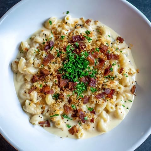 Golden, bubbly Tinis Mac and Cheese with Bacon: a comforting baked dish with a crunchy bacon topping.