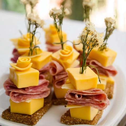 Savor the delicious Layered Urban Skyline, an easy appetizer with colorful cheese and folded meats.