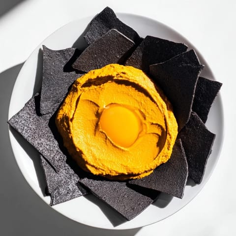 Crisp black crackers encircle creamy, golden Midnight Sun dip, a stunning bite for your party.