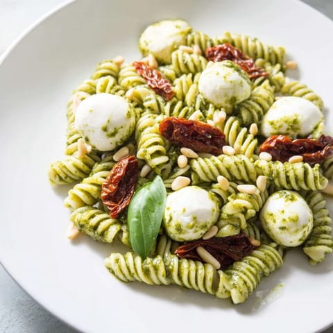 Bright green pesto coats al dente pasta in this inviting pesto pasta salad, ready to enjoy.