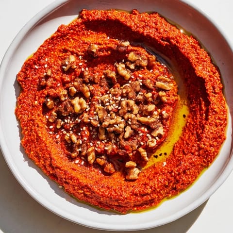 Roasted red pepper Syrian Muhammara, garnished with sesame seeds and drizzled oil, ready to eat.