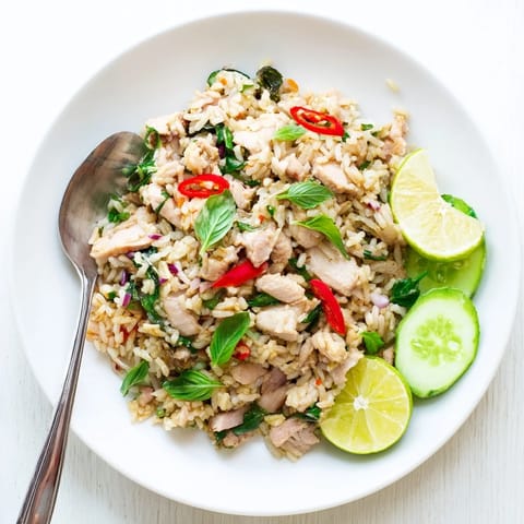 Spicy Thai Basil Chicken Fried Rice features tender chicken, aromatic holy basil, and fluffy jasmine rice, garnished with lime and crisp cucumber.  