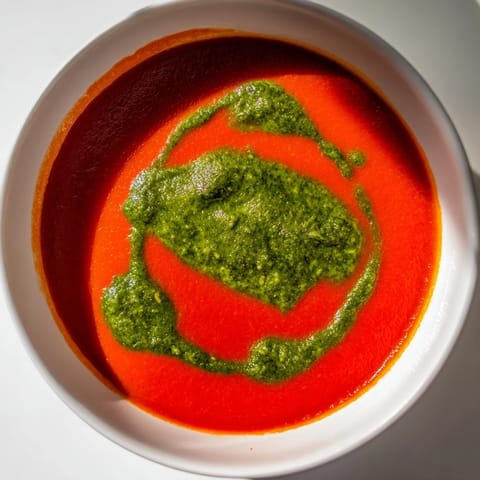 Steaming creamy tomato soup topped with a bright green basil pesto swirl and fresh crusty bread.