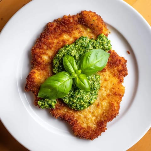 Crispy Pesto Chicken Cutlets topped with a vibrant green pesto dollop, perfect for a weeknight dinner.