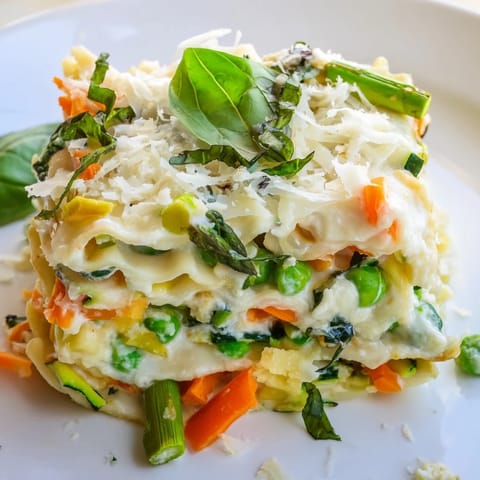 Fresh Spring Veggie Alfredo Lasagna emerges golden and bubbly from the oven, garnished with fragrant basil for a comforting vegetarian dinner.