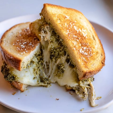 A sliced Mozzarella Pesto Chicken Grilled Cheese reveals layers of melted cheese, shredded chicken, and vibrant pesto.