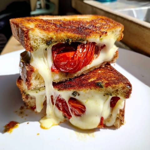 A close-up of Roasted Tomato Pesto Grilled Cheese on sourdough, with vibrant green basil pesto and caramelized tomato slices peeking out.  