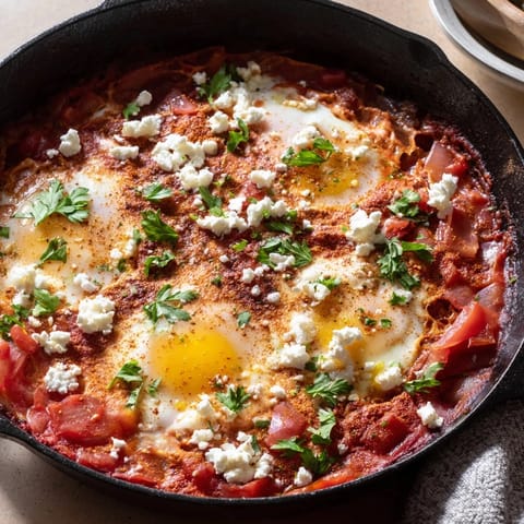 A skillet of homemade Shakshuka topped with fresh parsley, cilantro, and crumbled feta cheese for dipping.