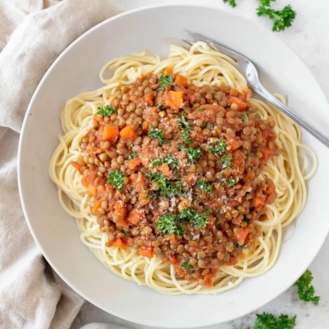Steaming lentil bolognese sauce generously ladled over a bed of al dente spaghetti, garnished with fresh basil.  