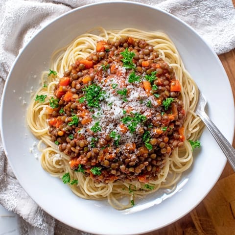 A close-up of vegan lentil bolognese in a white bowl, showcasing the rich, chunky red sauce texture.  