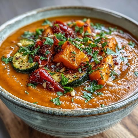 Creamy roasted vegetable soup served in a white bowl, topped with fresh parsley and crunchy croutons for a comforting meal.