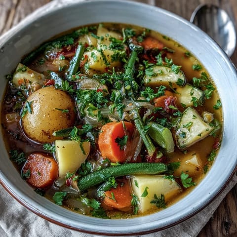 A close-up of steaming Potato and Vegetable Soup in a white bowl, topped with fresh parsley and served with crusty bread.