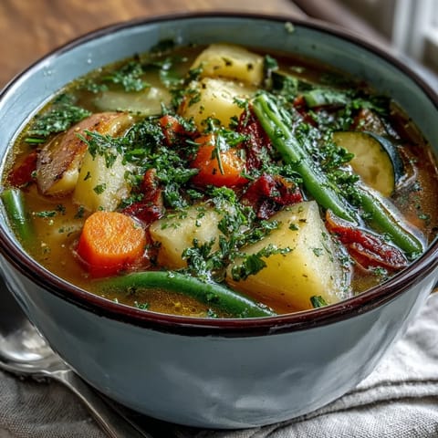 A rustic pot of Potato and Vegetable Soup shows chunky potatoes, carrots, and peas in a savory broth.