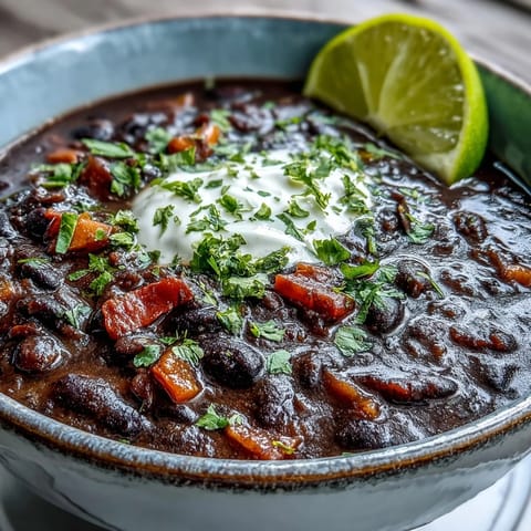 This creamy Black Bean Soup is garnished with sour cream and diced red onion, perfect for a cozy vegetarian lunch.