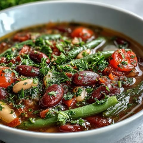 Three-Bean Salad Soup steaming in a white bowl, featuring colorful kidney, cannellini, and green beans with diced red bell peppers and fresh parsley garnish.