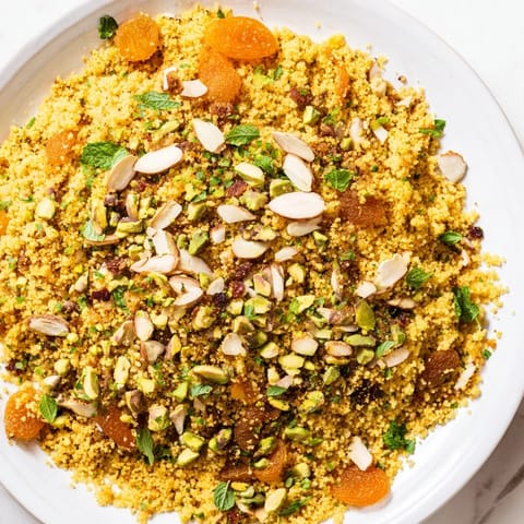 A vibrant bowl of Couscous Pilaf Spiced with warm cumin, cinnamon, and golden turmeric, studded with chopped dried apricots and golden raisins for a sweet contrast.