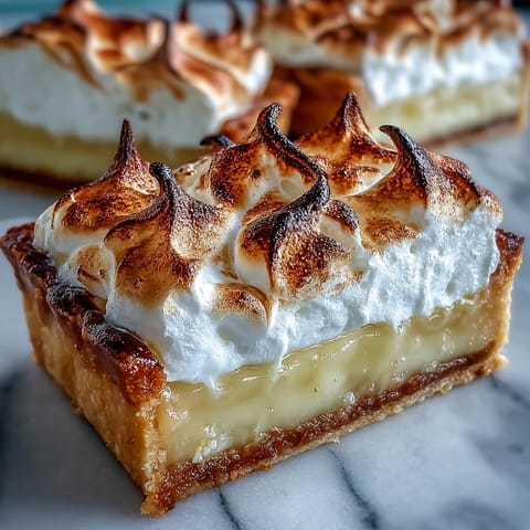 The slice of Lemon Meringue Pie features fluffy, toasted meringue, tangy citrus curd, and a crumbly pastry crust on a rustic plate. 