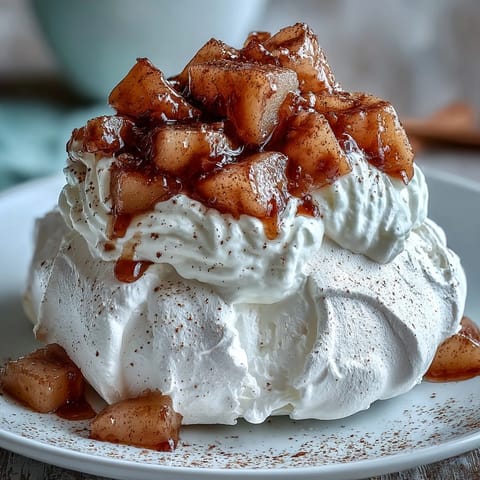 Mini Hot Toddy Pavlovas feature whisky-soaked pears and a dollop of vanilla whipped cream on parchment for a rustic presentation.
