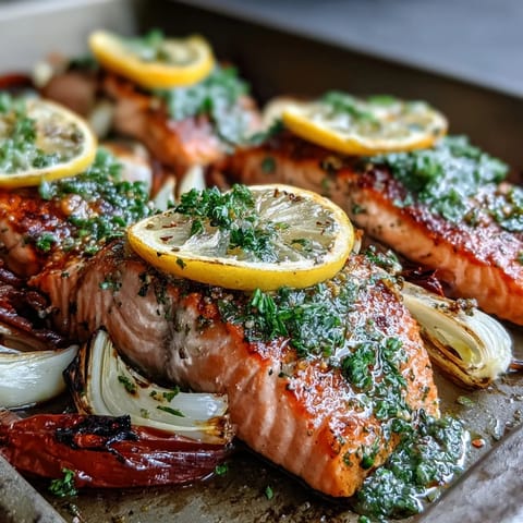 Freshly roasted salmon fillets with tender leeks and onions on a sheet pan, finished with vibrant green parsley dressing.