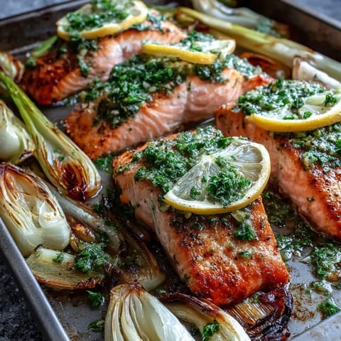 One-Pan Roast Salmon served with golden leeks and onions, drizzled with a zesty lemony parsley dressing.