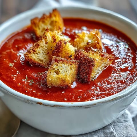 Ladle of creamy Roasted Red Pepper Soup in a rustic bowl, garnished with crispy bread cubes and fresh herbs.