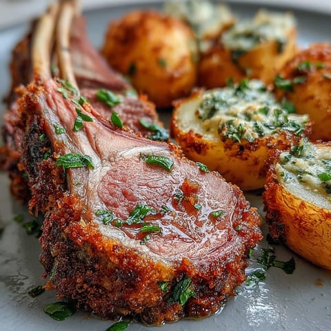 Golden-brown, herb-crusted One-Pan Roast Rack of Lamb with juicy slices served beside roasted baby potatoes tossed with green olives and parsley.