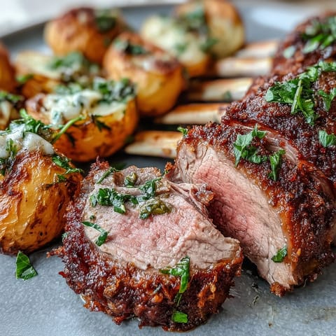 Close-up of One-Pan Roast Rack of Lamb, showing perfectly cooked meat next to crispy skillet potatoes with briny green olives and lemon zest.
