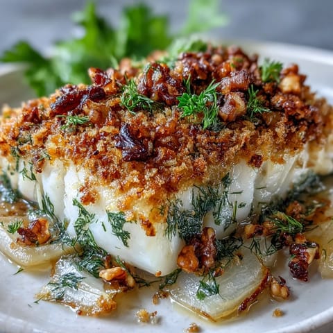 Golden Baked Halibut With Fennel, Lemon and Walnut Pangrattato garnished with fresh parsley, served alongside steamed baby potatoes and a crisp green salad on a white plate.