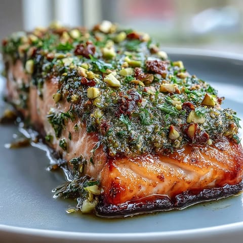 Golden-brown Confit Salmon With Tahini, Pistachio and Herb Crust flaking easily, served warm with fresh lemon wedges.