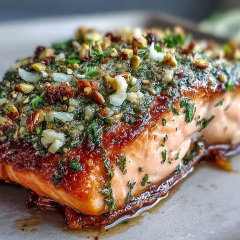 Confit Salmon With Tahini, Pistachio and Herb Crust atop a green salad, garnished with olive oil and herbs.