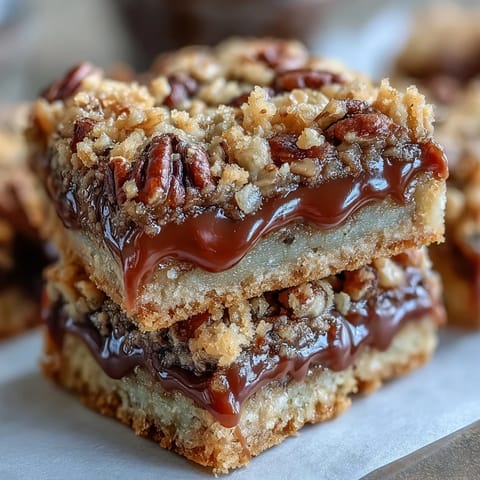 Sliced Decadent Sweet and Chewy Turtle Bars with Chocolate and Caramel reveal layers of gooey caramel, toasted oats, and chopped pecans.