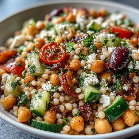 A serving of Mediterranean Pearl Couscous topped with crumbled feta and fresh parsley, paired with grilled chicken for a hearty lunch.