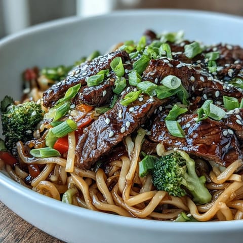 Glossy Korean Beef Noodles with tender flank steak and crisp broccoli in a savory sauce.