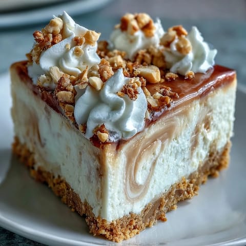 Chilled slice of peanut butter cheesecake on a Nutter Butter crust, finished with fluffy whipped cream and chopped nuts.