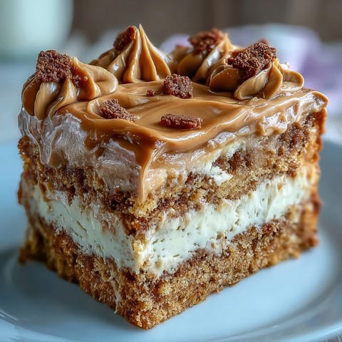 Warm slice of Decadent Baked Biscoff Cake with Creamy Lotus Frosting served on a plate, highlighting crushed cookie layers and rich, creamy frosting for a cozy dessert.