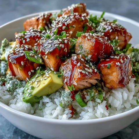Colorful Salmon Rice Bowl with edamame, crisp cucumber slices, and creamy avocado, drizzled with spicy sriracha mayo for a quick weeknight dinner.