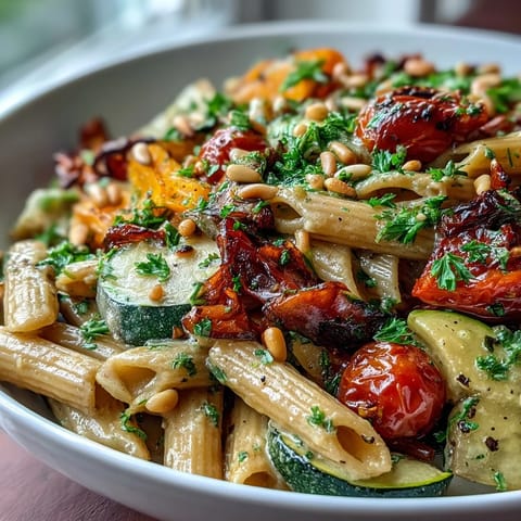 A hearty bowl of Whole Wheat Pasta with roasted zucchini and bell peppers, topped with toasted pine nuts and fresh parsley.